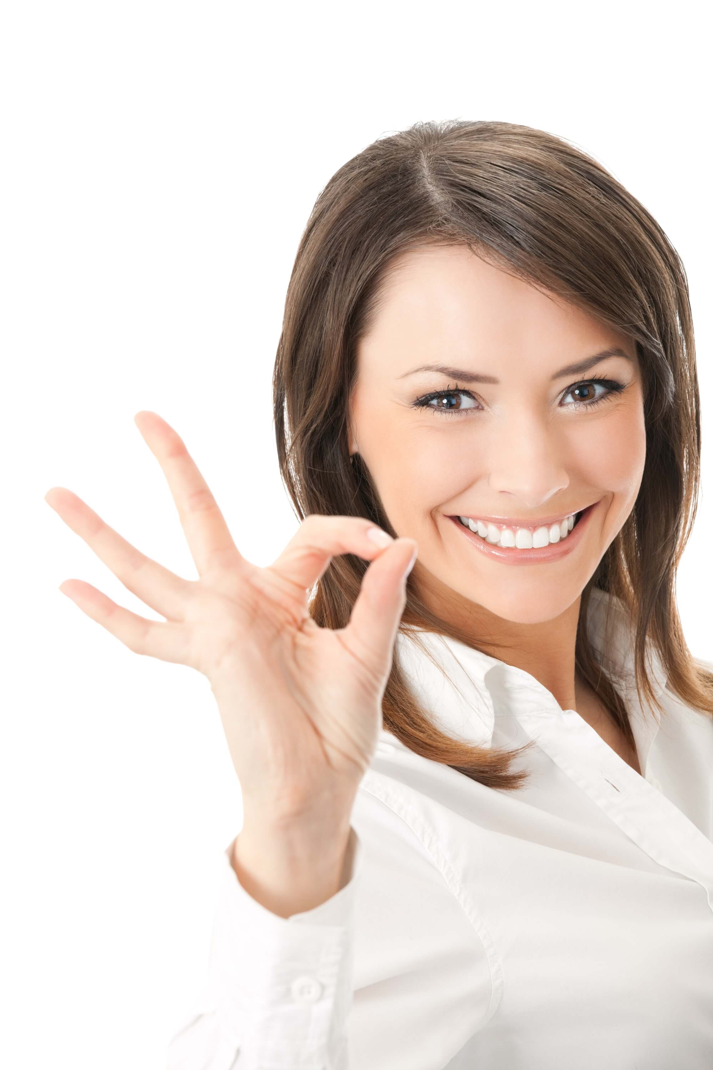 Portrait of happy smiling businesswoman with okay gesture, isolated on white background
